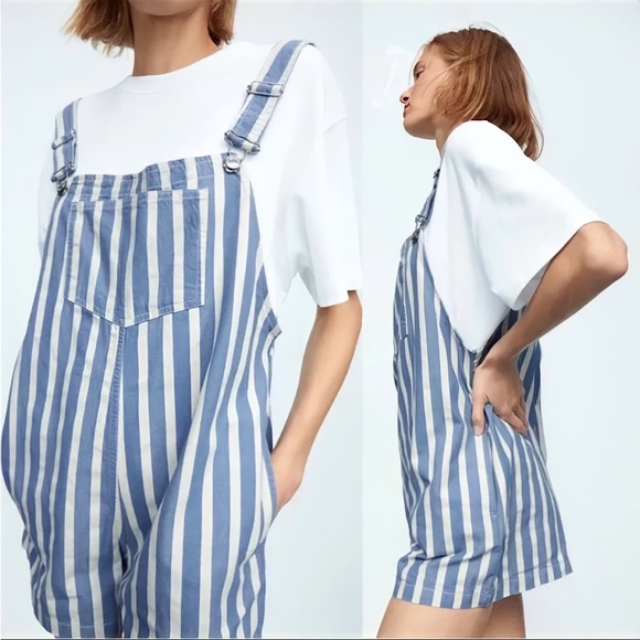 Zara Striped Cotton Overall Romper | L - Picture 3 of 8
